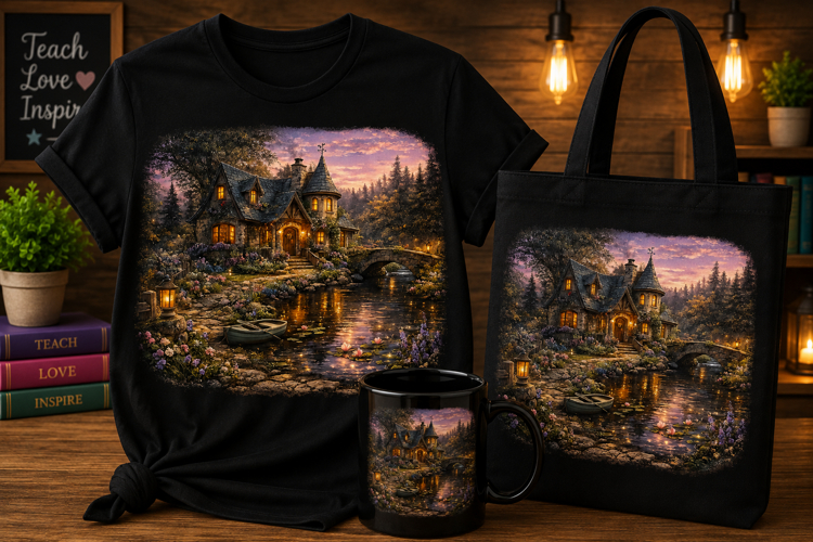 Enchanted Cottage Lake PNG | Fantasy Cottage Landscape Art