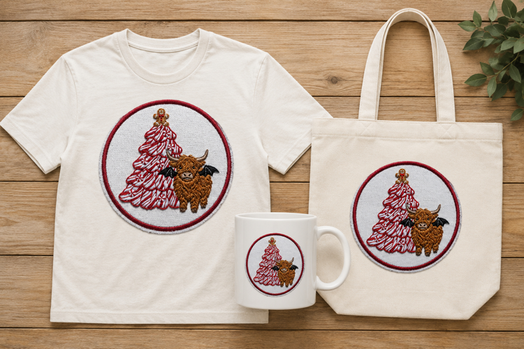 Embroidered Peppermint Tree Bat Wing Cow Christmas Print