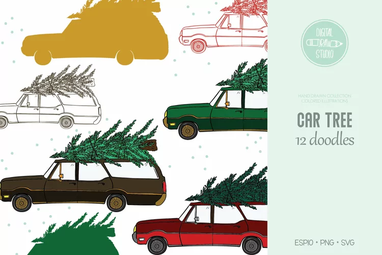 Color Station Wagon Car Christmas | Tree on Roof Top Holiday