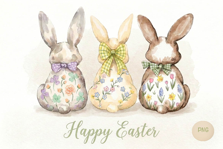 Watercolor Happy Easter Bunnies PNG & JPG