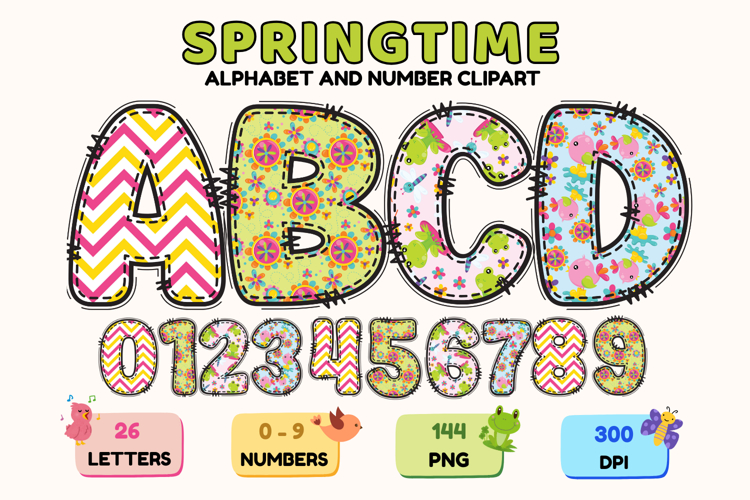 Springtime Alphabet png, letters doodle, springtime clipart
