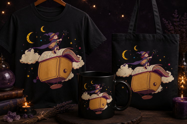 Flying Book Witch PNG | Cute Magical Witch & Moon Clipart