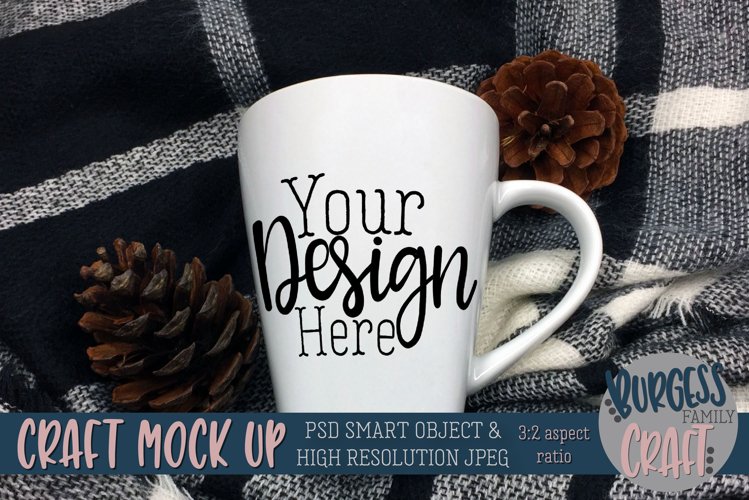 Mug craft mock up 3-2 aspect ratio Blue plaid |PSD & JPEG example image 1