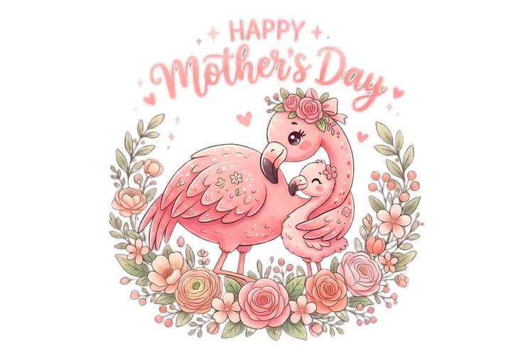 Kawaii mama flamingo with baby flamingo clipart