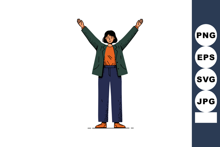 Woman celebrating success with raised arms wearing green jac
