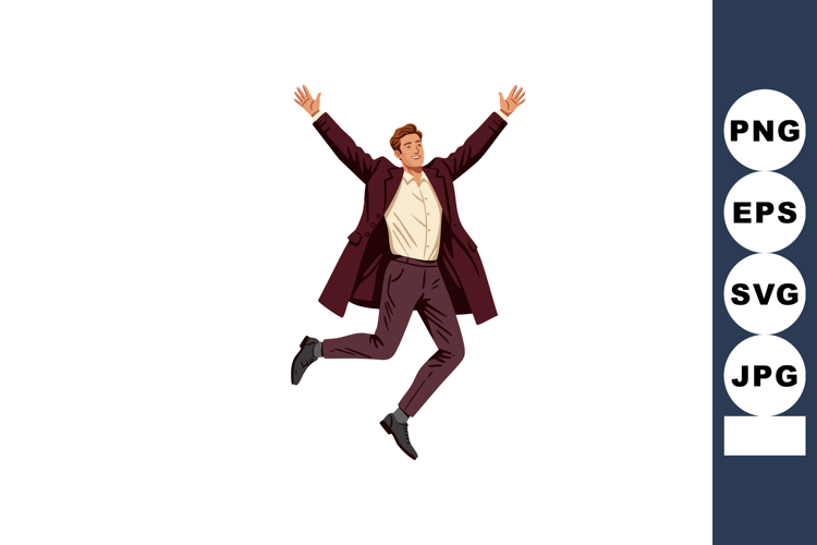 Man jumping in suit and long coat expressing happiness and s