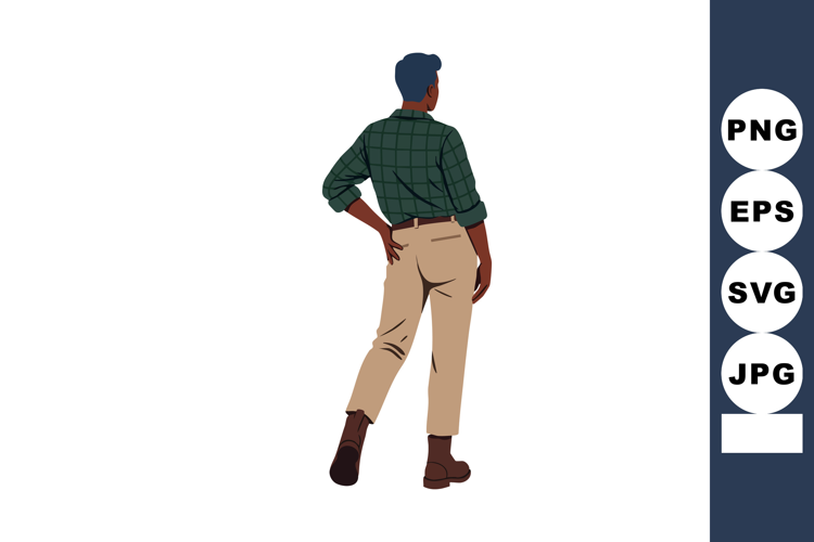 Man standing back view wearing beige pants and green checker