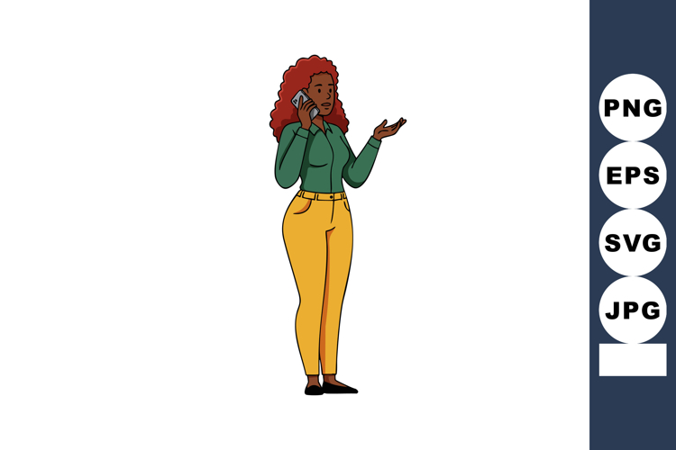 Woman with red curly hair talking on phone wearing green shi