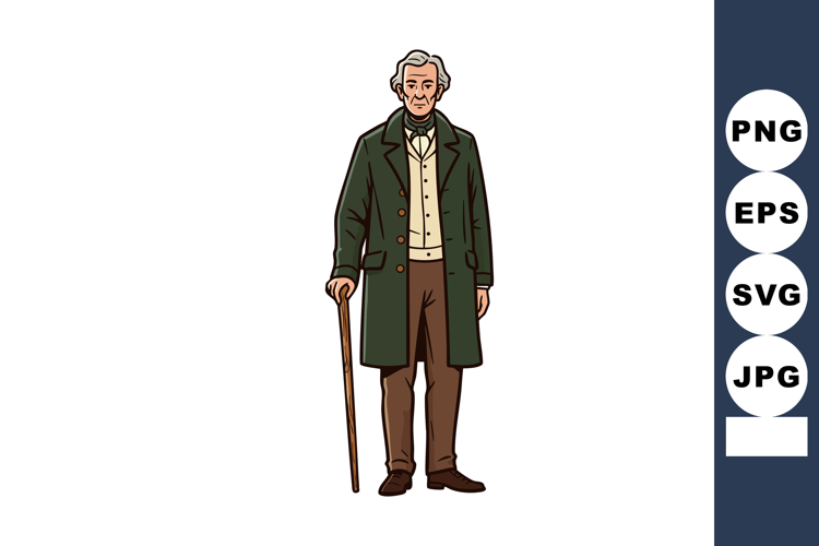 Elderly man with cane wearing vintage long coat and classic