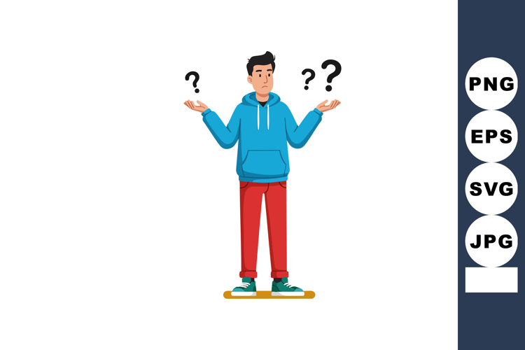 Young man in blue hoodie and red pants confused with questio