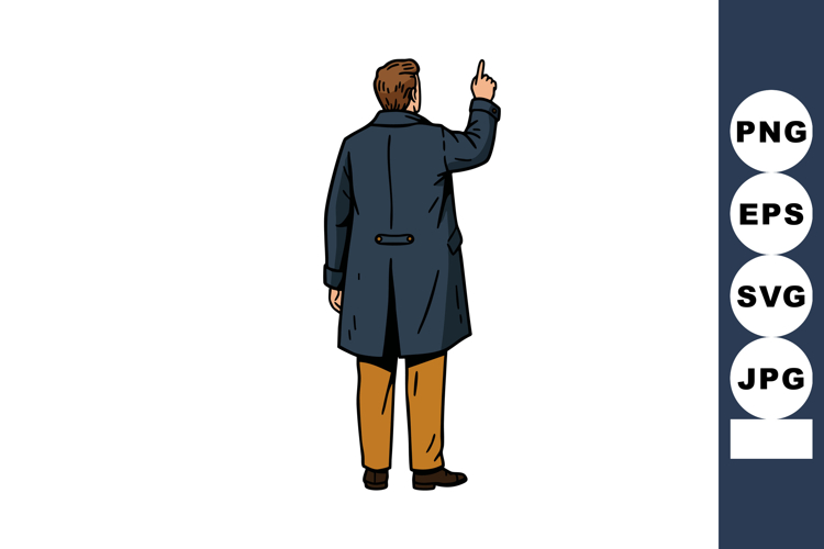 Man pointing finger wearing long dark blue coat and brown pa