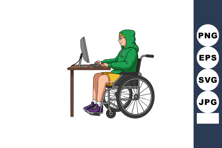 Young person using computer in wheelchair wearing green hood