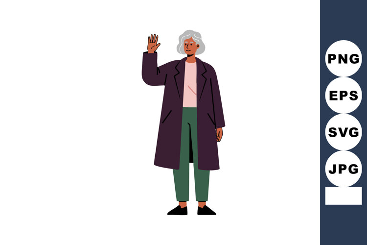 Elderly woman waving hand wearing purple coat green pants ca example image 1