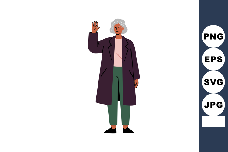 Elderly woman waving hand wearing purple coat green pants ca
