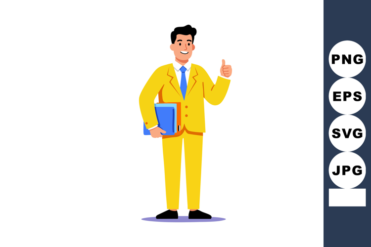 Man in yellow suit holding blue folder giving thumbs up gest
