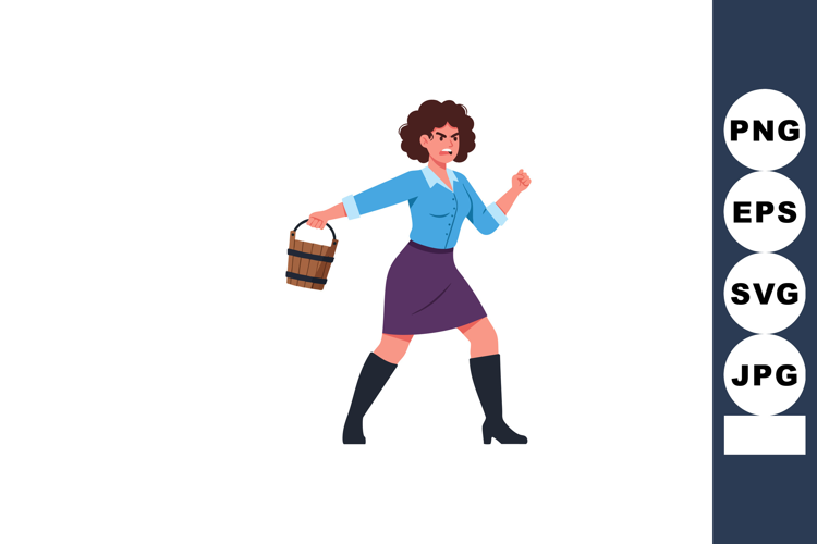 Angry woman walking with wooden bucket in hand expressing fr