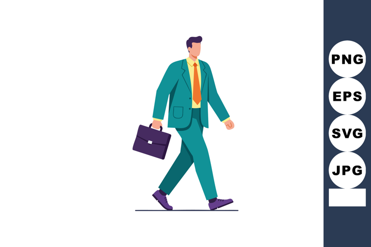 Businessman walking with briefcase in teal suit and orange t
