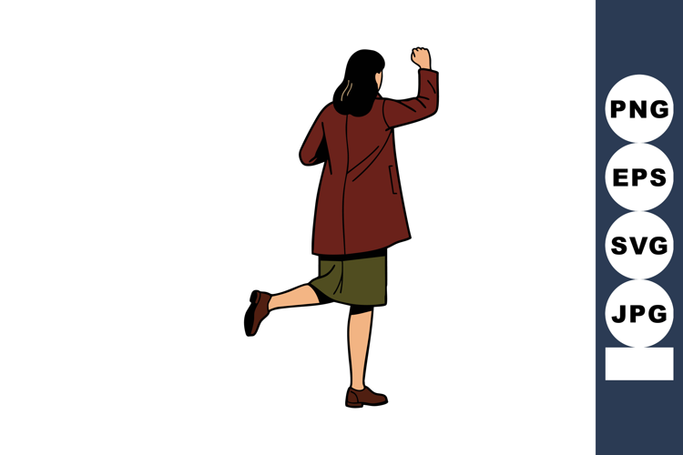 Woman wearing brown coat and olive skirt walking with raised