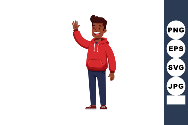 Young man waving hand wearing red hoodie and casual blue pan