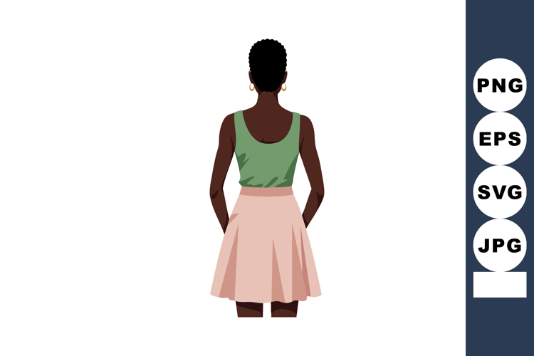 Woman standing back view wearing green top and pink skirt st