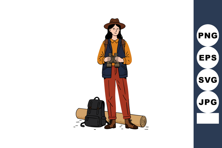 Female hiker with binoculars standing near backpack and camp