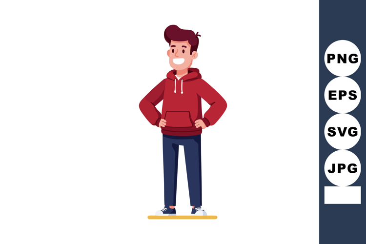 Young man standing confidently in red hoodie and jeans casua
