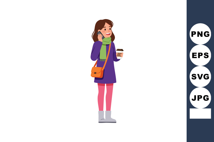 Woman talking on phone holding coffee cup wearing purple coa