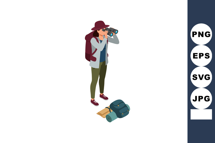 Female hiker using binoculars outdoors with backpack and cam