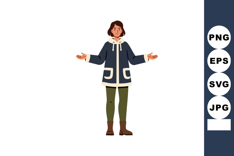 Young woman wearing blue hooded jacket and green pants stand