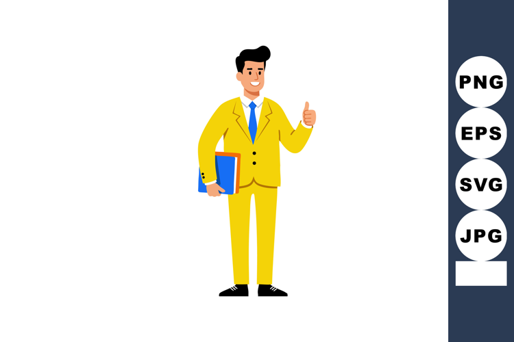 Man in yellow suit holding book showing thumbs up positive g
