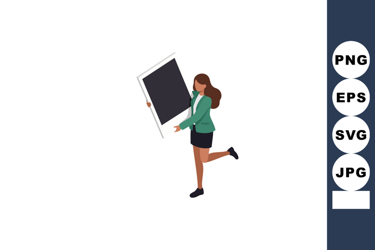 Woman holding large blackboard in green jacket and skirt che