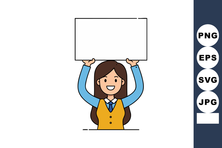 Young woman holding blank white sign smiling with long brown