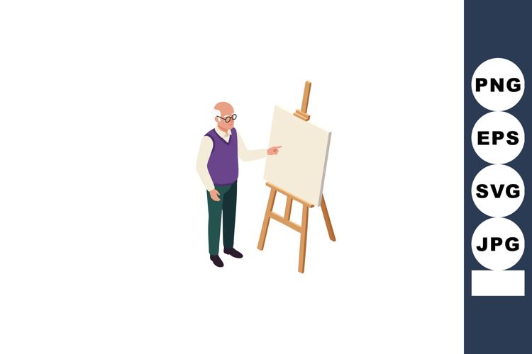 Elderly man pointing at blank canvas on wooden easel in isom
