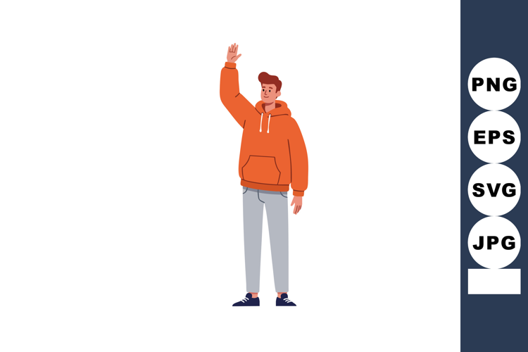 Young man waving hand wearing orange hoodie and gray pants c