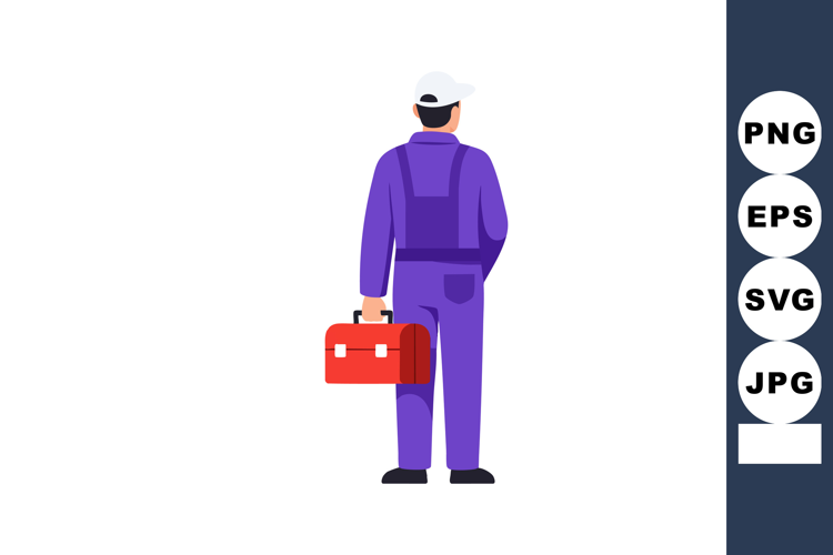 Worker holding red toolbox back view wearing purple coverall