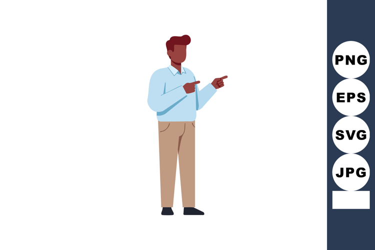 Man in blue shirt and beige pants pointing with fingers casu