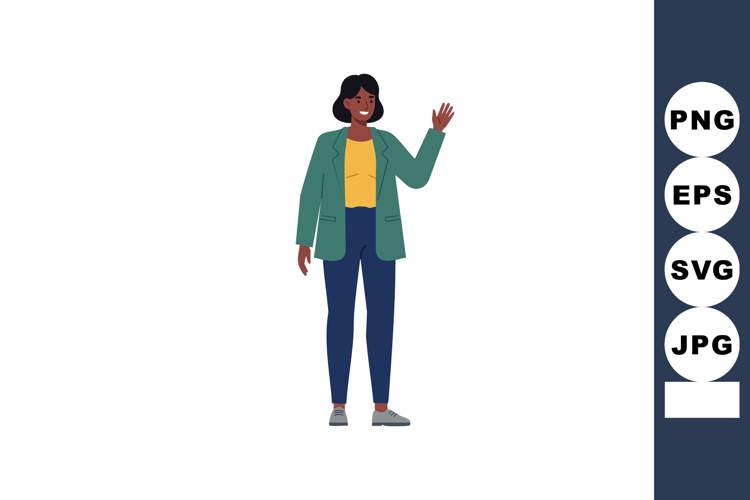 Woman waving hand in casual outfit smiling friendly and conf