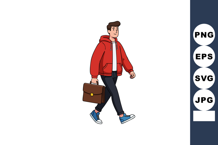 Young man walking with briefcase wearing red hoodie casual o