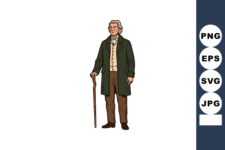 Historical gentleman with cane wearing long coat and vintage