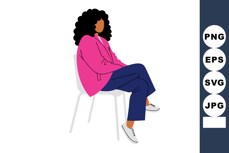 Woman with curly hair sitting relaxed on chair wearing pink
