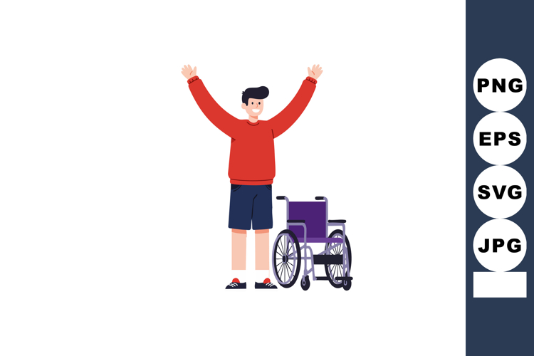 Young man celebrating standing next to empty wheelchair with