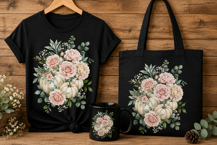 Watercolor Pumpkins and Blush Roses Fall Art PNG