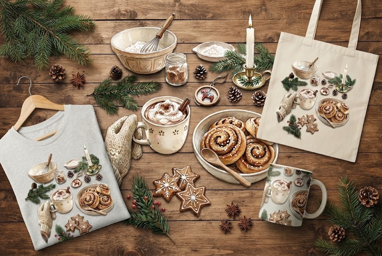 Scandinavian Christmas Baking and Cocoa Watercolor Art