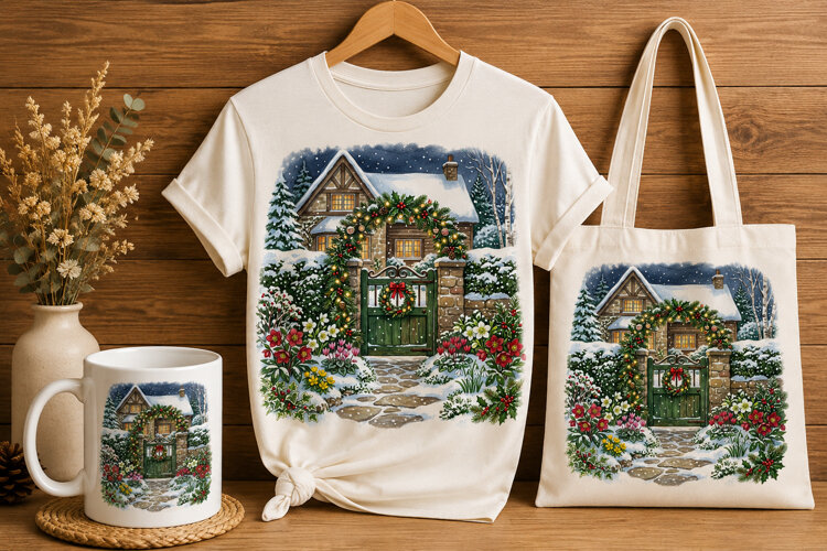 Cozy Cottage Garden Gate Christmas Watercolor Art PNG example image 1