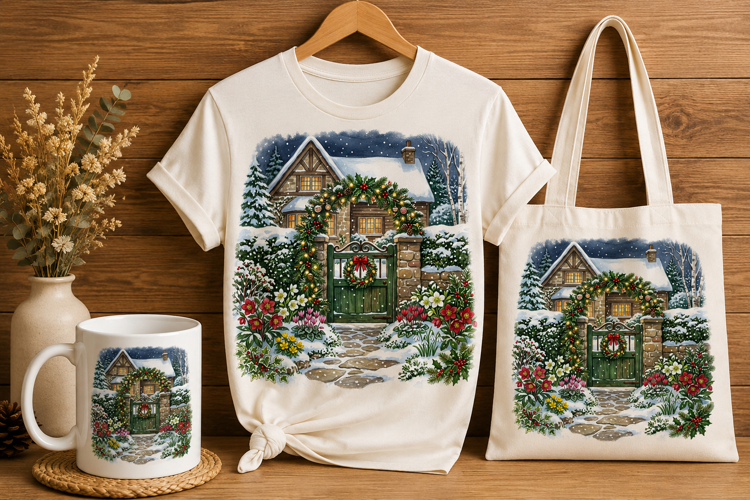 Cozy Cottage Garden Gate Christmas Watercolor Art PNG