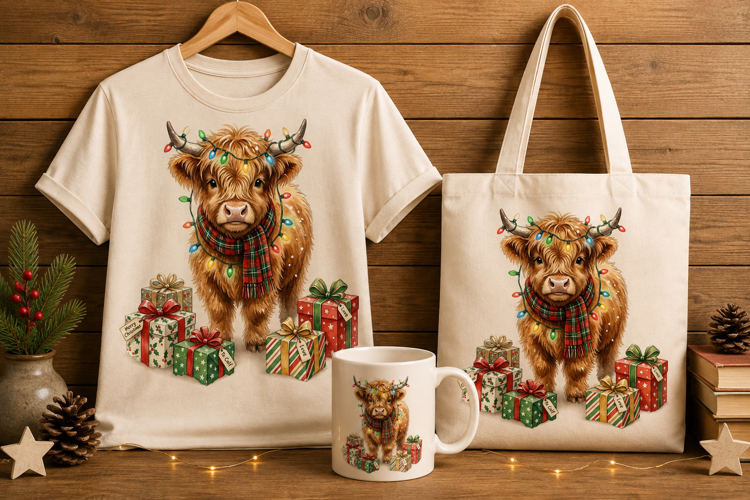 Highland Calf with Christmas Lights and Gifts Art Print