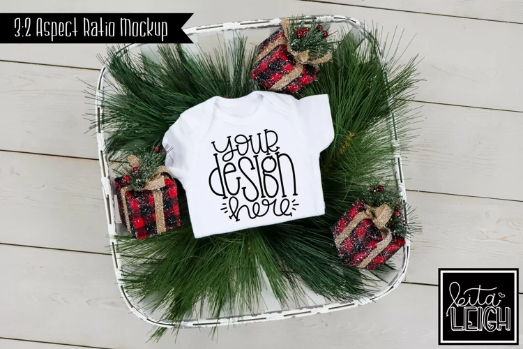 Bodysuit Christmas Mockup with Buffalo Plaid Gifts Photo