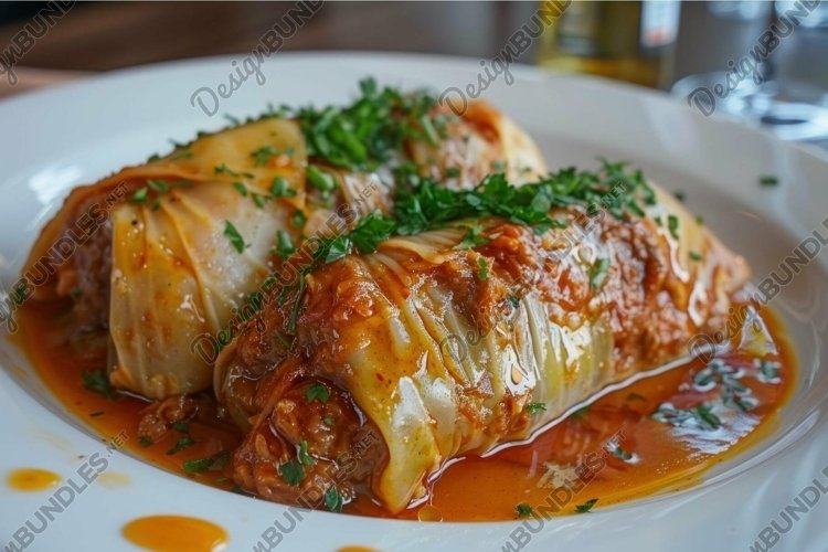 Cabbage rolls stuffed with meat and rice covered in tomato s example image 1
