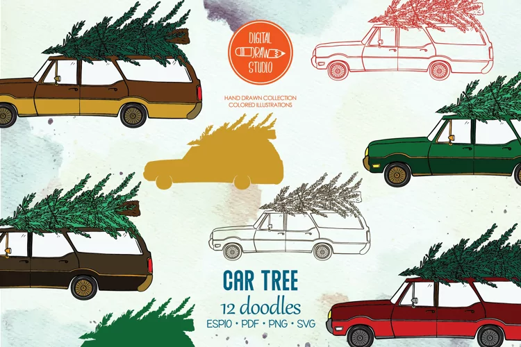 Color Station Wagon Car Christmas | Tree on Roof Top Holiday