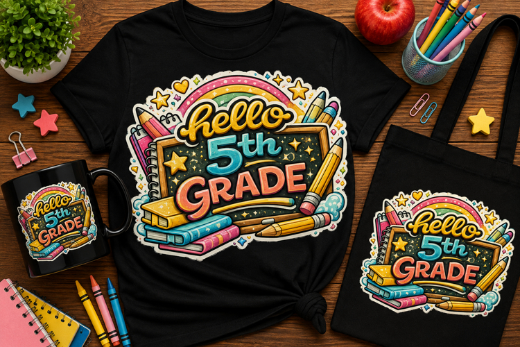 Hello 5th Grade PNG | Back to School Sublimation Design